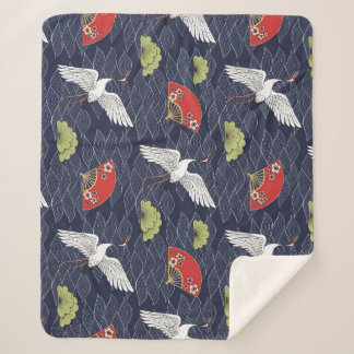 Japanese Cranes and Fans: Vintage Pattern Sherpa Blanket