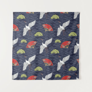 Japanese Cranes and Fans: Vintage Pattern Tapestry