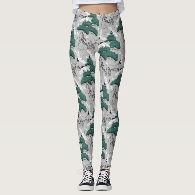 Japanese Cranes Birds Grey Green Artistic Pattern Leggings (Front)