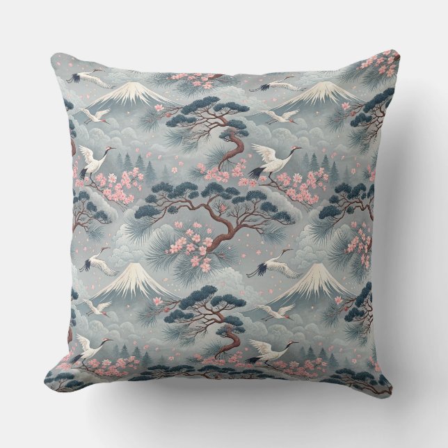 Japanese Cranes & Cherry Blossom Mt Fuji Pattern Cushion (Front)