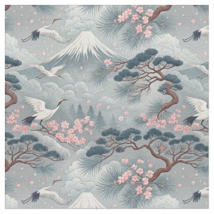 Japanese Cranes & Cherry Blossom Mt Fuji Pattern Fabric