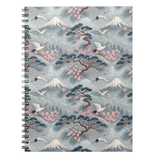 Japanese Cranes & Cherry Blossom Mt Fuji Pattern Notebook (Front)