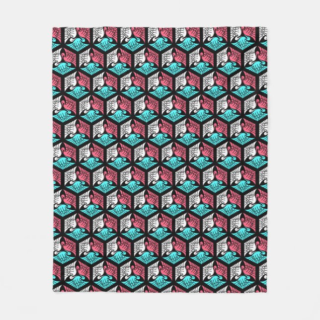 Japanese Cranes, Coral, Turquoise and Black Fleece Blanket (Front)