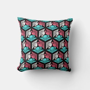 Japanese Cranes, Coral, Turquoise and Black Throw Cushion