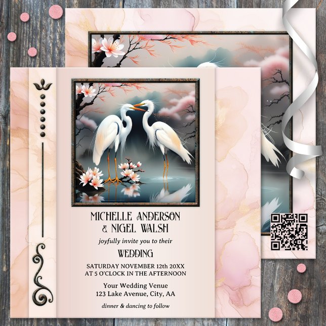 Japanese Cranes Egret Romantic Wedding Invitation (Wedding invitation featuring a painting of two Japanese cranes or egrets on an elegant pink design)