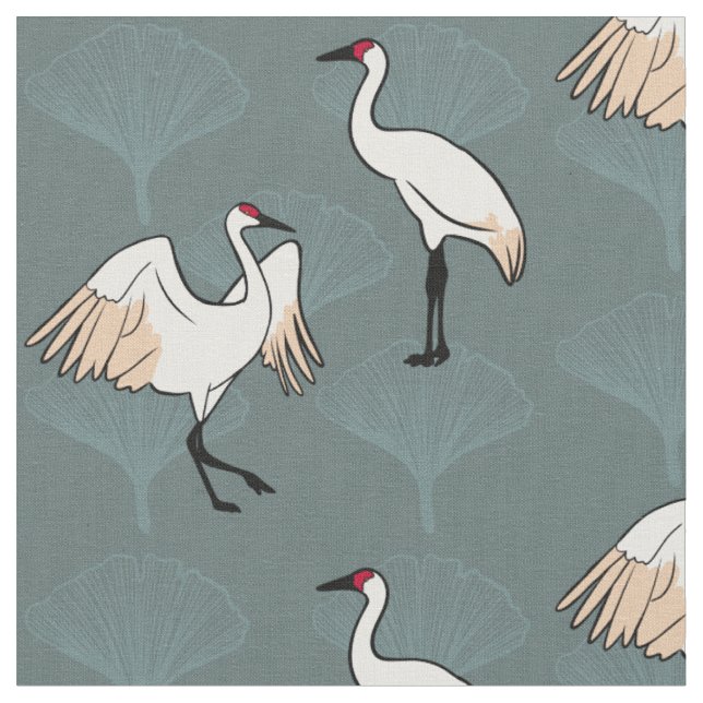 Japanese Cranes & Gingko Leaves Motif Fabric (Close Up)