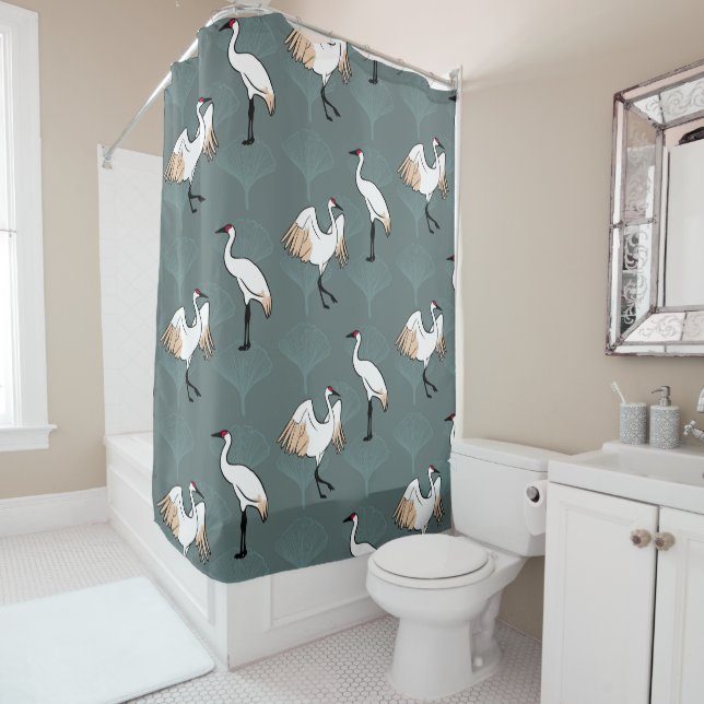 Japanese Cranes & Gingko Leaves Shower Curtain (In Situ)