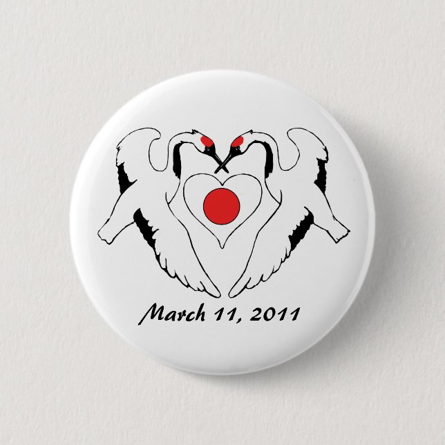 Japanese Cranes & Heart Flag Earthquake Relief 6 Cm Round Badge (Front)