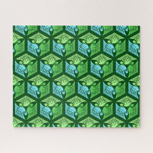 Japanese Cranes, Jade Green and Light Blue  Jigsaw Puzzle