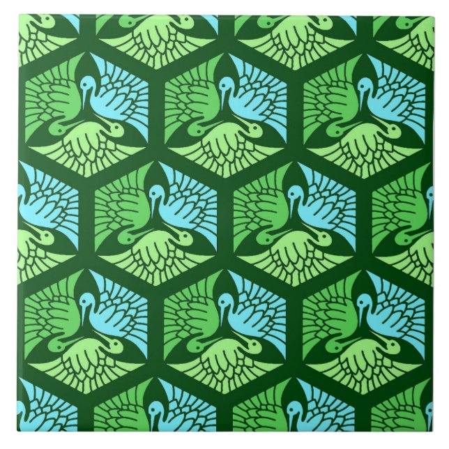 Japanese Cranes, Jade Green and Light Blue  Tile (Front)