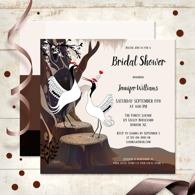 Japanese Cranes Love Bird Bridal Shower Invitation (Bridal shower invitation featuring an illustration of two Japanese cranes in love in a forest)