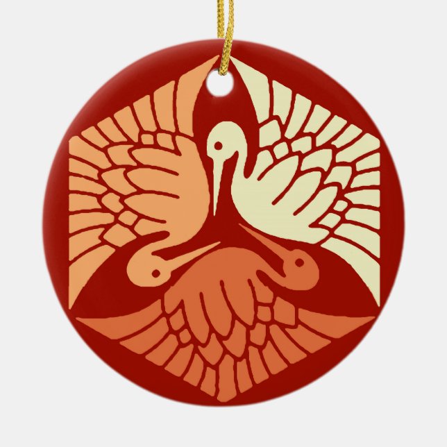 Japanese Cranes, Mandarin and Light Orange Ceramic Tree Decoration (Front)