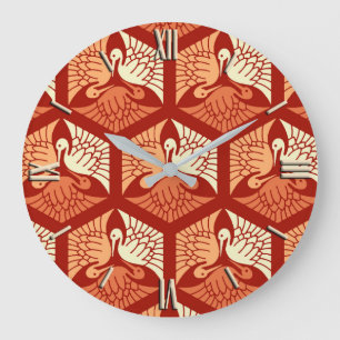 Japanese Cranes, Mandarin and Light Orange Large Clock