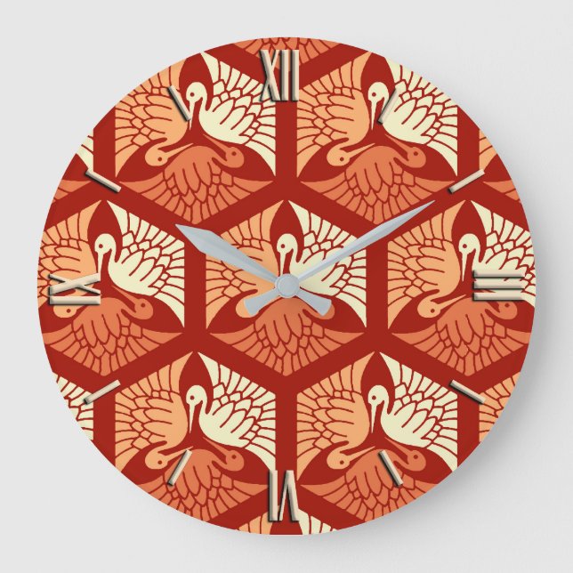 Japanese Cranes, Mandarin and Light Orange Large Clock (Front)