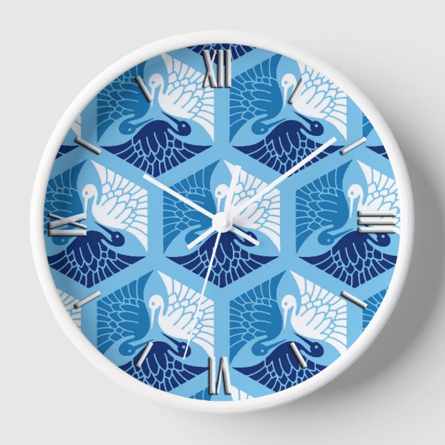 Japanese Cranes, Navy, White, and Light Blue Clock (Front)