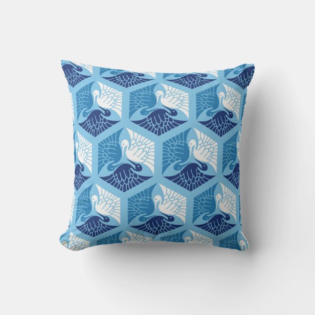 Japanese Cranes, Navy, White, and Light Blue Outdoor Cushion (Front)