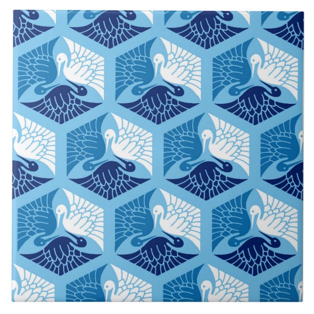 Japanese Cranes, Navy, White, and Light Blue  Tile (Front)
