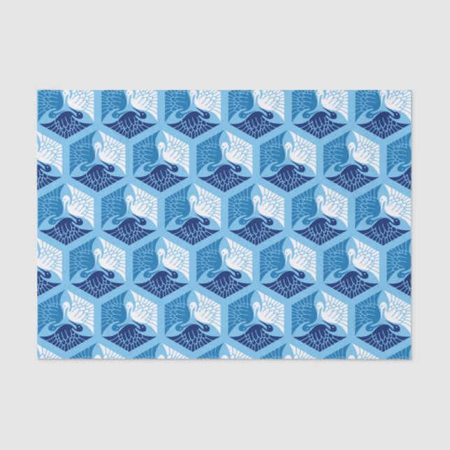 Japanese Cranes, Navy, White, and Light Blue Tissue Paper (Front)