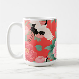 Japanese Cranes Peonies Red Chinoiserie Elegance Coffee Mug