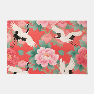 Japanese Cranes Peonies Red Chinoiserie Elegance Doormat