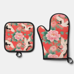 Japanese Cranes Peonies Red Chinoiserie Elegance Oven Mitt & Pot Holder Set