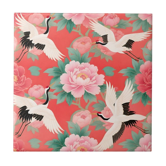 Japanese Cranes Peonies Red Chinoiserie Elegance Tile (Front)
