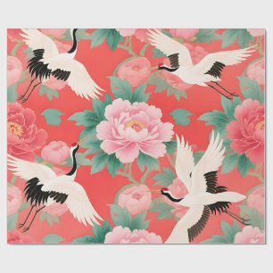 Japanese Cranes Peonies Red Chinoiserie Elegance Wrapping Paper