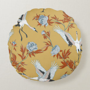 Japanese cranes, peony, sequins pattern round cushion