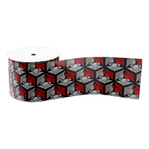 Japanese Cranes, Red, Gray / Grey and Black  Grosgrain Ribbon