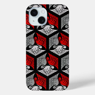 Japanese Cranes, Red, Grey / Grey and Black iPhone 15 Case