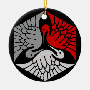 Japanese Cranes, Red, Grey / Grey and Black  Ceramic Tree Decoration