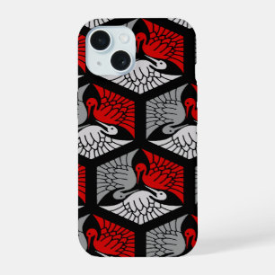 Japanese Cranes, Red, Grey / Grey and Black iPhone 15 Case