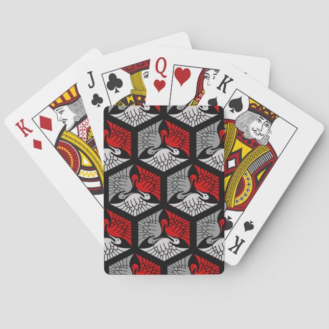 Japanese Cranes, Red, Grey / Grey and Black  Playing Cards (Back)