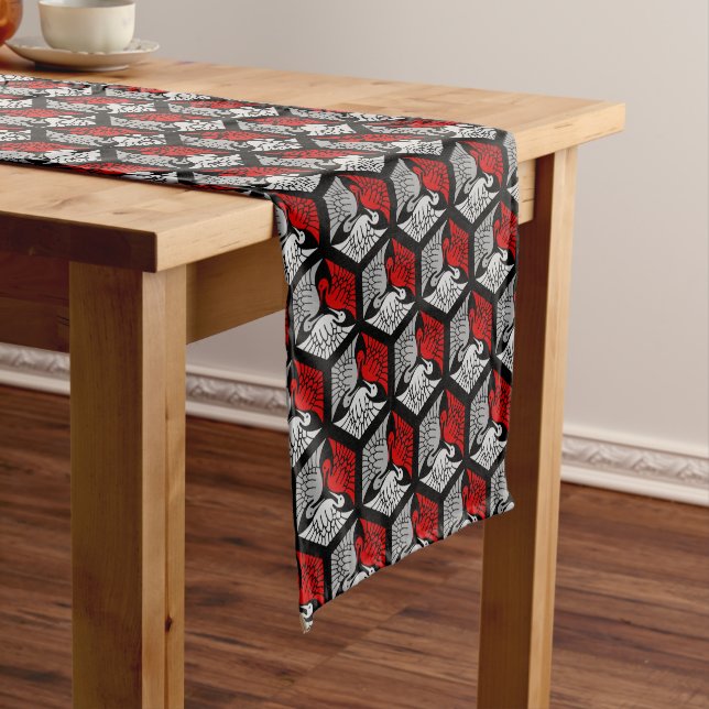 Japanese Cranes, Red, Grey / Grey and Black Short  Table Runner (In Situ)