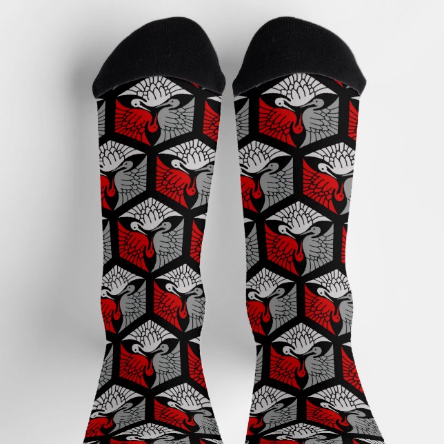 Japanese Cranes, Red, Grey / Grey and Black Socks (Top)