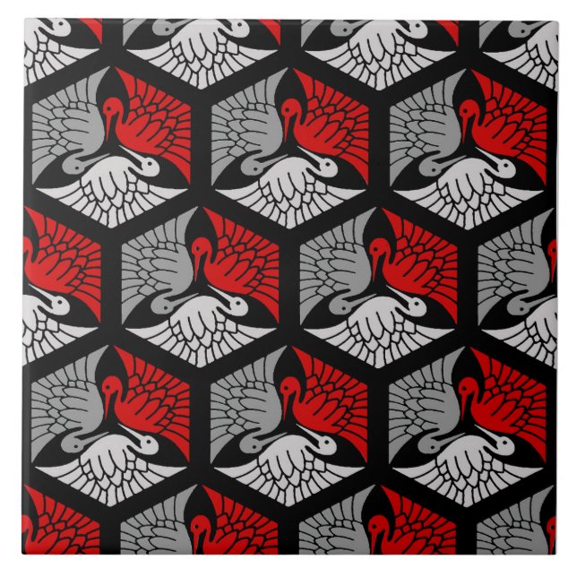 Japanese Cranes, Red, Grey / Grey and Black  Tile (Front)