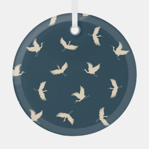 Japanese Cranes Silhouette Vintage Pattern Glass Tree Decoration