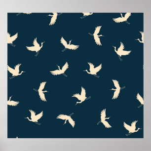 Japanese Cranes Silhouette Vintage Pattern Poster