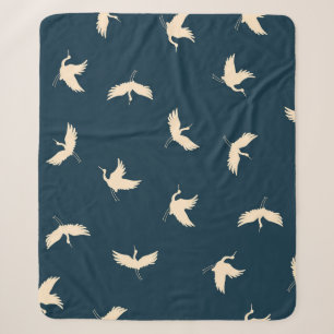 Japanese Cranes Silhouette Vintage Pattern Sherpa Blanket