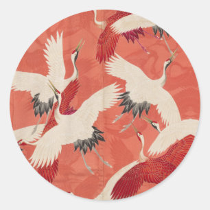 Japanese Cranes Silk Kimono Classic Art Round Sticker