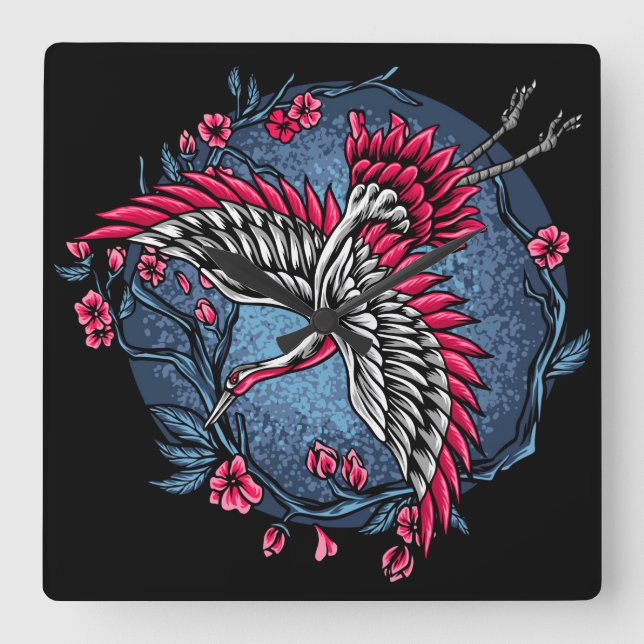 Japanese Cranes Square Wall Clock (Front)
