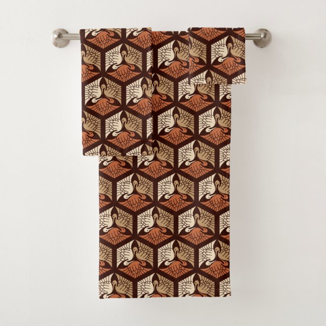 Japanese Cranes, Tan, Rust & Chocolate Brown  Bath Bath Towel Set (Insitu)