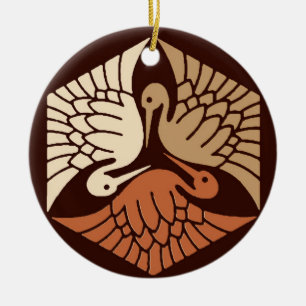 Japanese Cranes, Tan, Rust & Chocolate Brown  Ceramic Tree Decoration