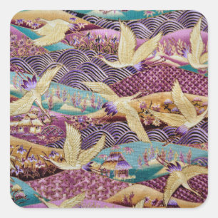 Japanese Cranes Traditional Design Purple Square Sticker