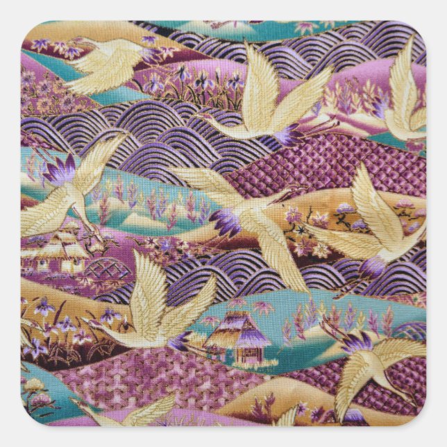 Japanese Cranes Traditional Design Purple Square Sticker (Front)