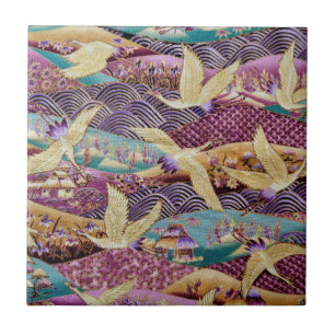 Japanese Cranes Traditional Design Purple Tile