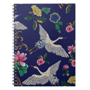 Japanese cranes, waves and flowers. Embroidery ill Notebook