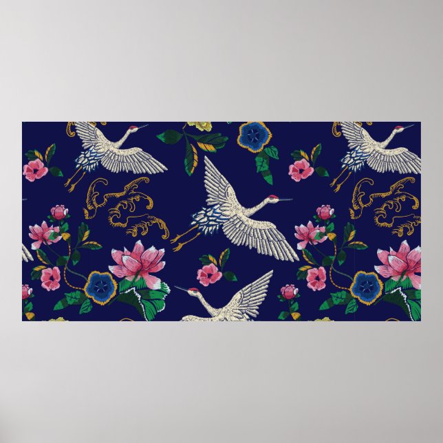 Japanese cranes, waves and flowers. Embroidery ill Poster (Front)