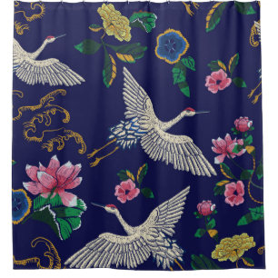 Japanese cranes, waves and flowers. Embroidery ill Shower Curtain