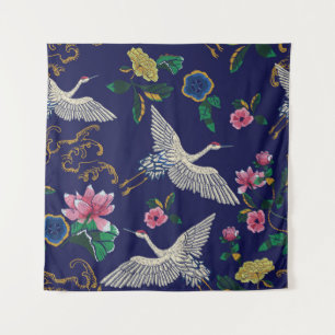 Japanese cranes, waves and flowers. Embroidery ill Tapestry